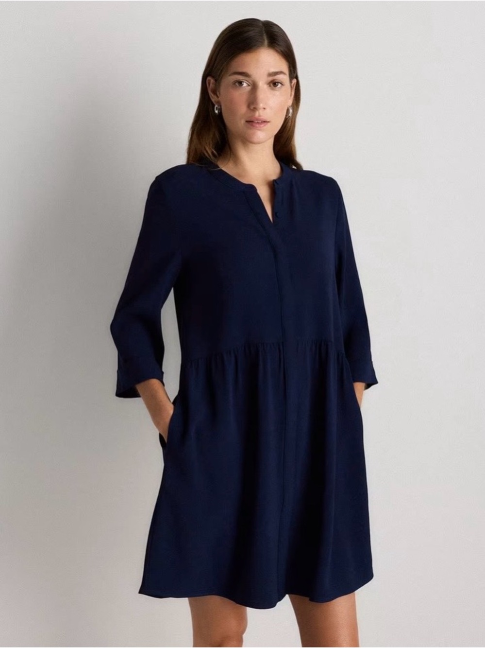 NWT Quince Fluid Crepe Shirt Dress Navy Blue Womens Medium M